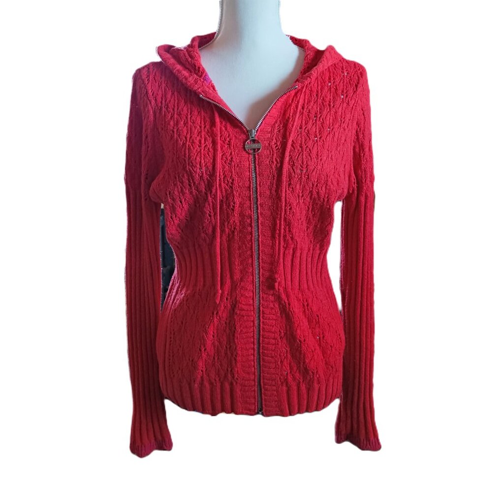 Y2K DKNY Jeans Sweater Cardigan Knit Hoodie Full Front Dual Zip Pink Trim EUC